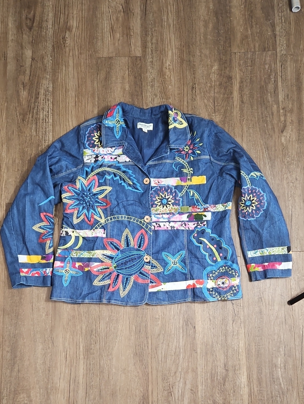 Norm Thompson Art To Wear Patchwork Denim Jacket, Boho Floral, Size XL